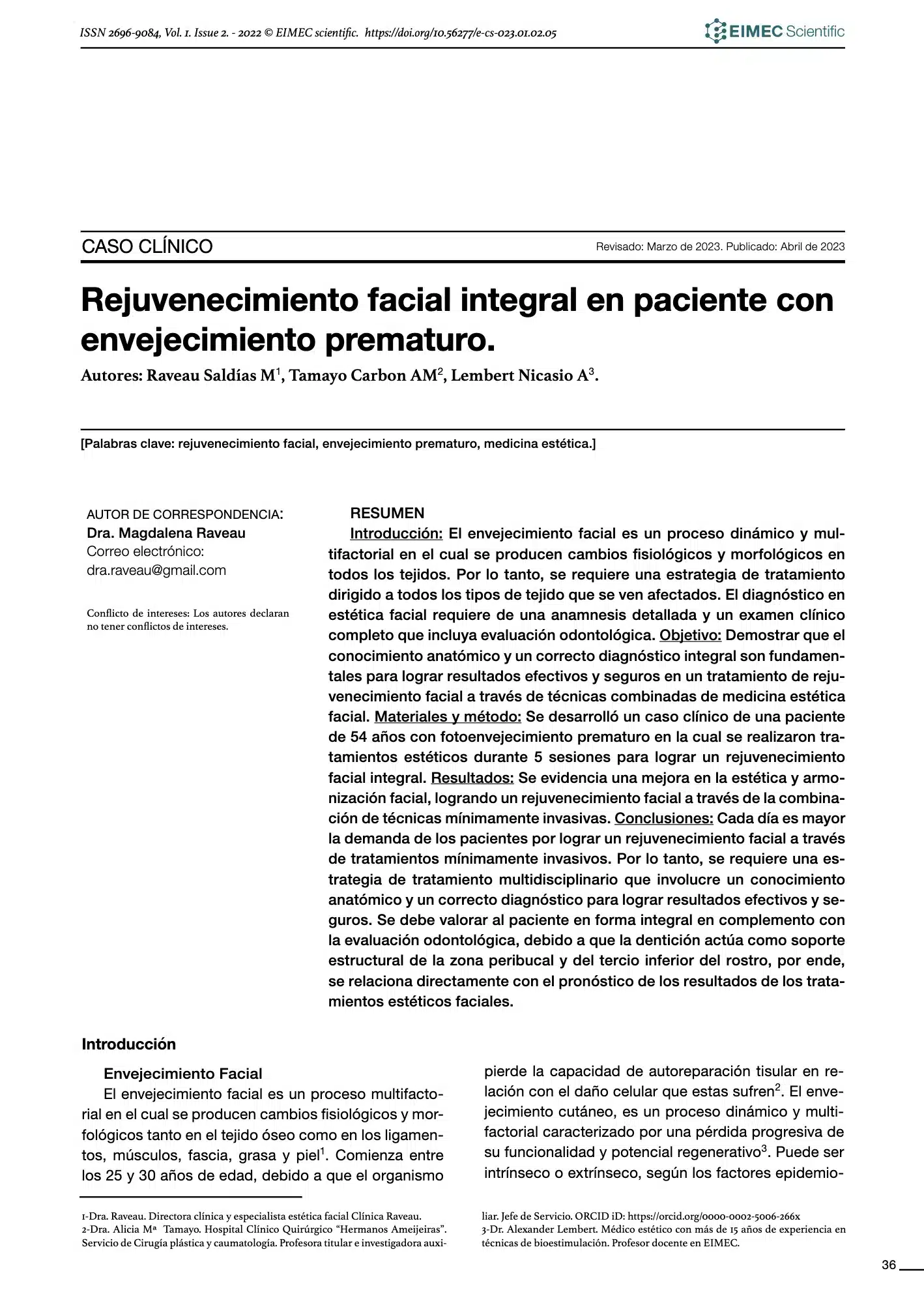 EIMEC Scientific vol1 issue2- RAVEAU-Rejuvenecimiento facial integral en paciente con envejecimiento prematuro