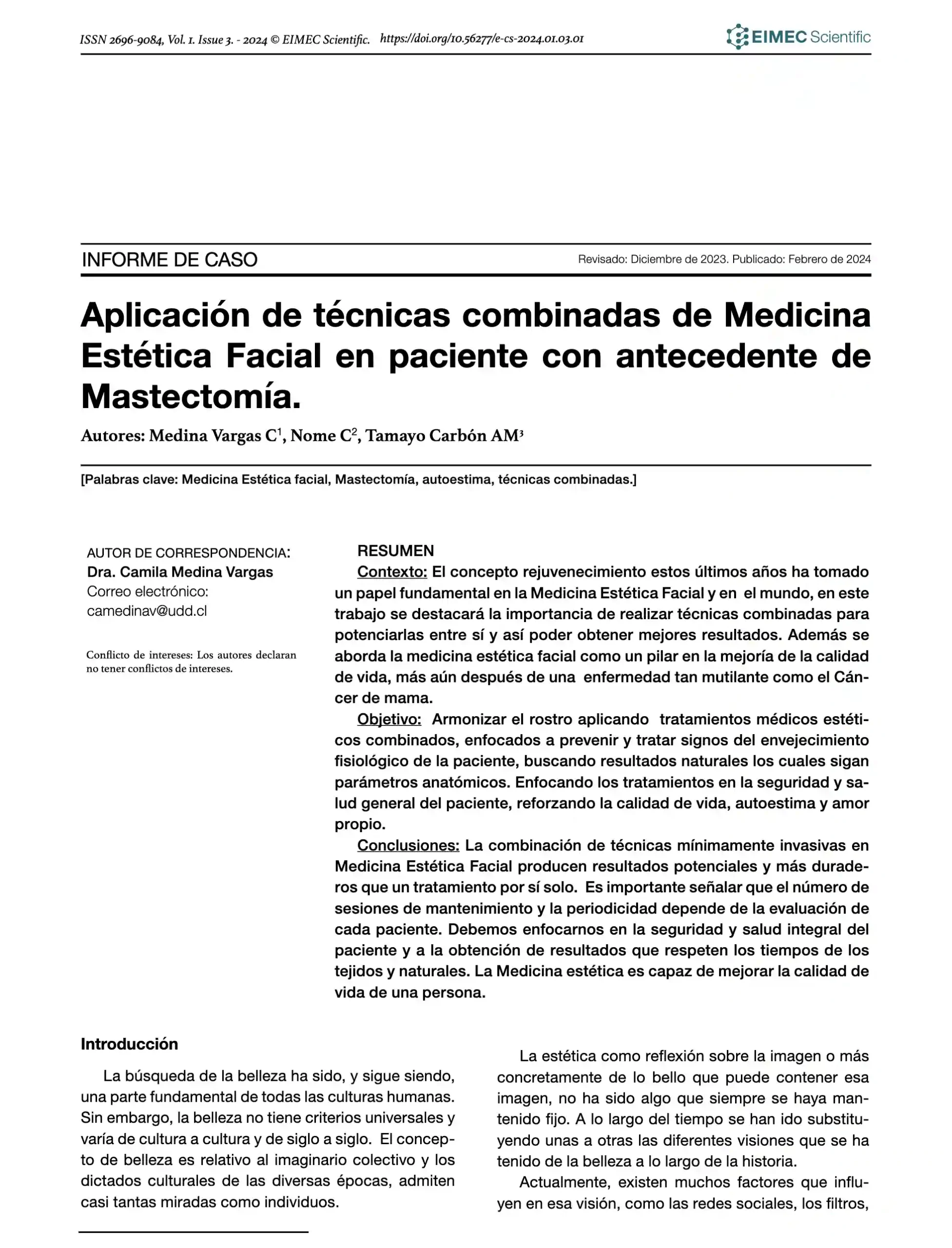 EIMEC SCIENTIFIC articulo cientifico tecnicas combinadas de Medicina Estetica Facial